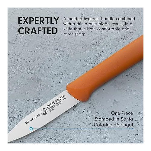  Messermeister Petite Messer 3” Spear Point Parer with Matching Sheath, Orange - German 1.4116 Stainless Steel & Ergonomic Handle - Lightweight, Rust Resistant & Easy to Maintain