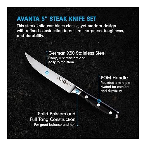  Messermeister Avanta 5” Fine Edge Steak Knife Set - German X50 Stainless Steel - Rust Resistant & Easy to Maintain - Includes 4 Steak Knives