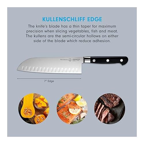  Messermeister Meridian Elite 7” Kullenschliff Santoku Knife - Japanese Chef’s Knife - German Steel Alloy Blade - Rust Resistant & Easy to Maintain