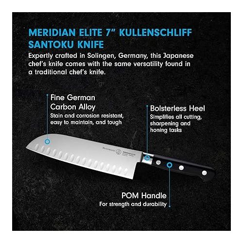  Messermeister Meridian Elite 7” Kullenschliff Santoku Knife - Japanese Chef’s Knife - German Steel Alloy Blade - Rust Resistant & Easy to Maintain