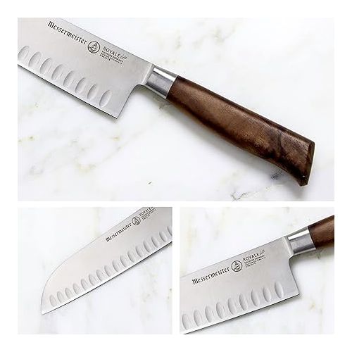  Messermeister Royale Elite 7” Kullenschliff Santoku Knife - Japanese Chef’s Knife - Stainless Steel & American Walnut Burl Handle - Rust Resistant & Easy to Maintain