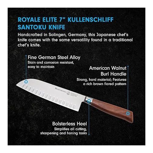  Messermeister Royale Elite 7” Kullenschliff Santoku Knife - Japanese Chef’s Knife - Stainless Steel & American Walnut Burl Handle - Rust Resistant & Easy to Maintain