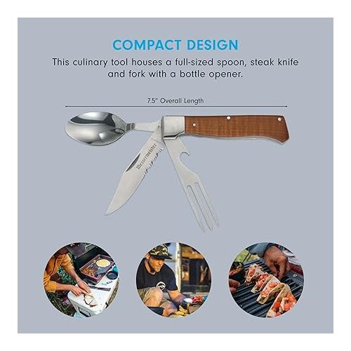  Messermeister Adventure Chef Folding Camp Utensil - Full-Sized Steak Knife, Fork, Spoon + Bottle Opener - 303 Stainless Steel & Carbonized Maple Handle