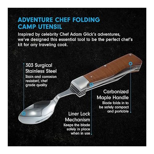  Messermeister Adventure Chef Folding Camp Utensil - Full-Sized Steak Knife, Fork, Spoon + Bottle Opener - 303 Stainless Steel & Carbonized Maple Handle