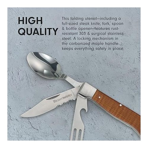  Messermeister Adventure Chef Folding Camp Utensil - Full-Sized Steak Knife, Fork, Spoon + Bottle Opener - 303 Stainless Steel & Carbonized Maple Handle