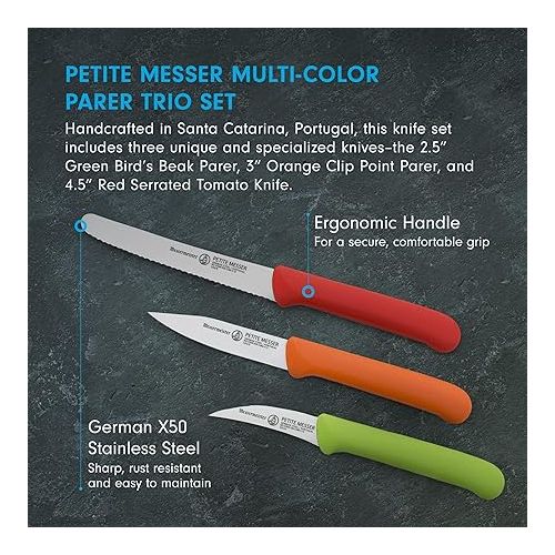  Messermeister Petite Messer Parer Trio Set with Matching Sheath, Blue - Includes 2.5” Bird's Beak Parer, 3” Clip Point Parer & 4.5” Serrated Tomato Knife - Lightweight & Rust Resistant