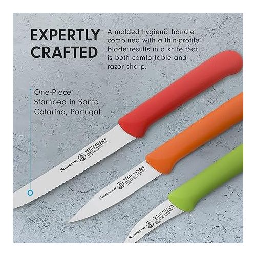  Messermeister Petite Messer Parer Trio Set with Matching Sheath, Blue - Includes 2.5” Bird's Beak Parer, 3” Clip Point Parer & 4.5” Serrated Tomato Knife - Lightweight & Rust Resistant