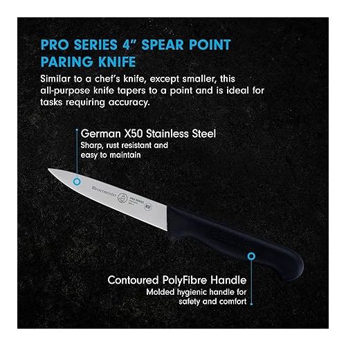  Messermeister Pro Series 4” Spear Point Paring Knife - German X50 Stainless Steel & NSF-Approved PolyFibre Handle - 15-Degree Edge, Rust Resistant & Easy to Maintain - Made in Portugal