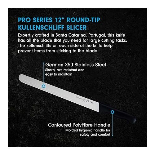  Messermeister Pro Series 12” Round-Tip Kullenschliff Slicer Knife - German X50 Stainless Steel & NSF-Approved PolyFibre Handle - 15-Degree Edge, Rust Resistant & Easy to Maintain - Made in Portugal