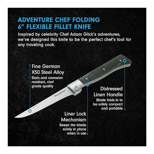  Messermeister Adventure Chef Folding 6” Fillet Knife - German Steel & Distressed Linen Handle - Rust Resistant & Easy to Maintain