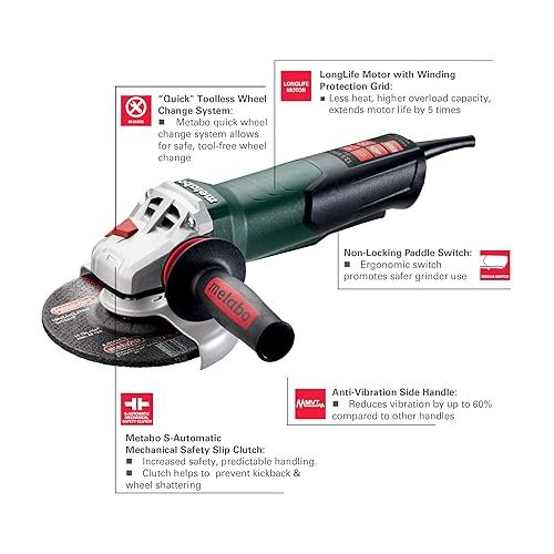  Metabo 6-Inch Angle Grinder, 13.5 Amp, 9,600 RPM, Electronics, Non-locking Paddle Switch, Made in Germany, WEP 15-150 Quick, 600488420, Green