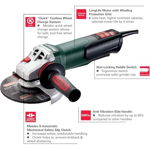  Metabo WEP15-150 Quick 13.5 Amp 9,600 rpm Angle Grinder with Electronics and Non-locking Paddle Switch, 6