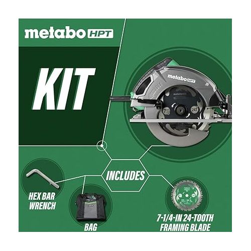  Metabo HPT 7-1/4-Inch Circular Saw Kit | 6,000 Rpm, 15-Amp Motor | Integrated Dust Blower | 24T Premium Framing/Ripping Blade | Single Handed Bevel Adjustment | C7SB3