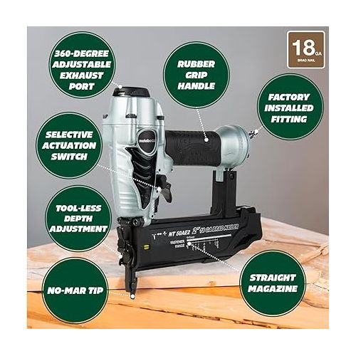  Metabo HPT Brad Nailer Kit | Pro Preferred Brand of Pneumatic Nailers | 18 Gauge | Accepts 5/8 to 2-Inch Brad Nails | Ideal for Trim Work, Furniture Building & Other Finish Applications | NT50AE2