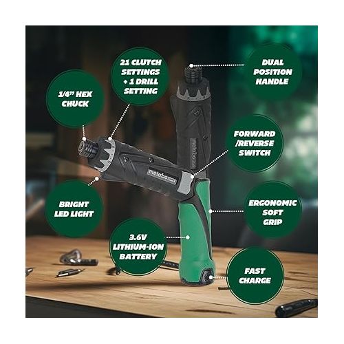  Metabo HPT Cordless Screwdriver Set, 3.6V, Precision Screwdriver Set with Case, 2 Lithium-Ion Batteries, Charger and Bit, 21 Clutch, Electric Screwdriver with LED light, Torque Screwdriver, DB3DL2