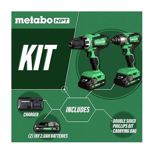  Metabo HPT 18V MultiVolt Hammer Drill and Impact Driver Combo Kit | Cordless | 2-2.0Ah Li-Ion Batteries w/Fuel Gauge | Lifetime Tool Warranty | KC18DFX