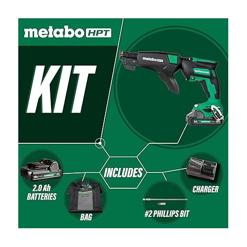  Metabo HPT Cordless 18V MultiVolt™ Drywall Screw Gun Kit | Includes Collated Screw Magazine Attachment | Includes 1-18V 2.0 Ah Battery | Lifetime Tool Warranty | W18DAQB