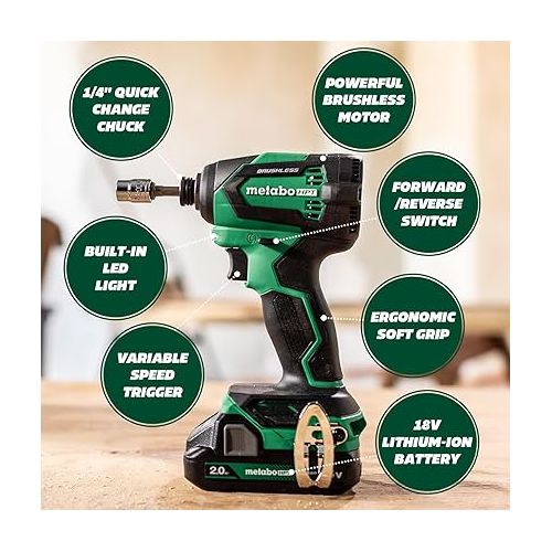  Metabo HPT 18V MultiVolt™ Cordless Brushless Driver Drill & Impact Driver Combo Kit, Includes 2 Lithium-Ion Batteries, Case and Charger, Lifetime Tool Warranty, Lightweight Power Tool set, KC18DEXQB