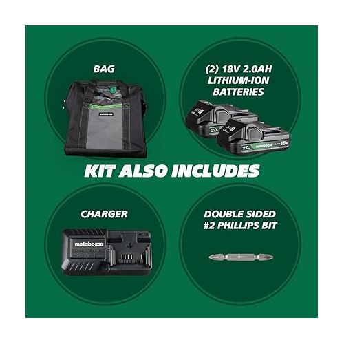  Metabo HPT 18V MultiVolt™ Cordless Brushless Driver Drill & Impact Driver Combo Kit, Includes 2 Lithium-Ion Batteries, Case and Charger, Lifetime Tool Warranty, Lightweight Power Tool set, KC18DEXQB