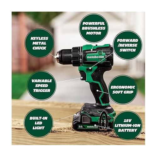  Metabo HPT 18V MultiVolt™ Cordless Brushless Driver Drill & Impact Driver Combo Kit, Includes 2 Lithium-Ion Batteries, Case and Charger, Lifetime Tool Warranty, Lightweight Power Tool set, KC18DEXQB