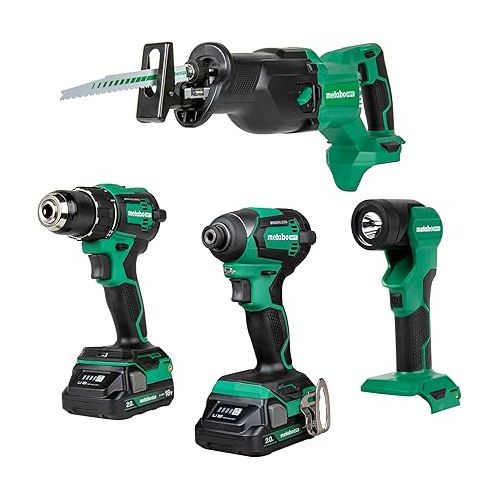  Metabo HPT 18V MultiVolt™ Cordless Driver Drill, Impact Driver, Reciprocating Saw, and Torchlight 4-Pc Combo Kit | Includes 2-18V 2.0Ah Batteries | Lifetime Tool Warranty | KC18DEX4