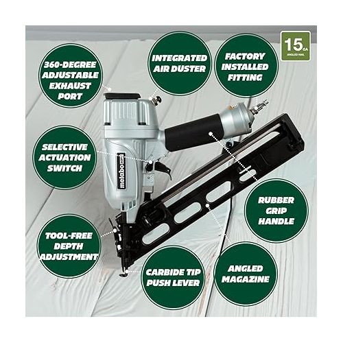  Metabo HPT Finish Nailer, 15 Gauge, Pro Preferred Brand of Pneumatic Nailers, Finish Nails 1-1/4-Inch up to 2-1/2-Inch, Integrated Air Duster, Selective Actuation Switch, 5-Year Warranty, NT65MA4