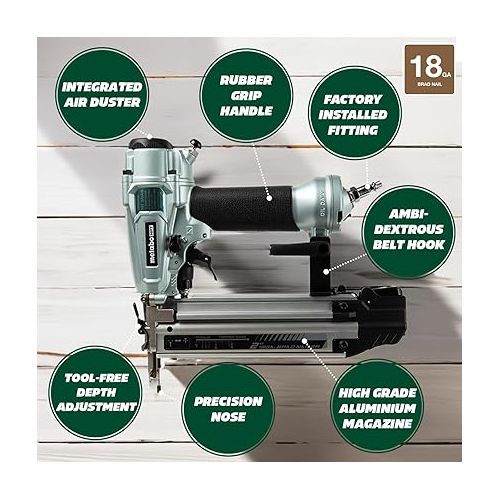  Metabo HPT Pro Brad Nailer Kit, 18 Gauge, High Grade Aluminum Magazine, Accepts 5/8-Inch To 2-Inch Brad Nails, NT50A5