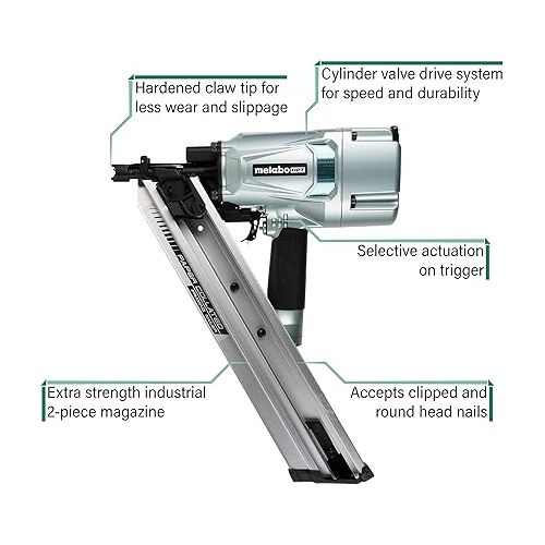 Metabo HPT Framing Nailer, Pneumatic, Accepts 30 Degree Paper Strip Collated Clipped Head Nails and 30 Degree Paper Strip Collated Offset Round Head Nails, 2-Inch to 3-1/4-Inch (NR83AA5)