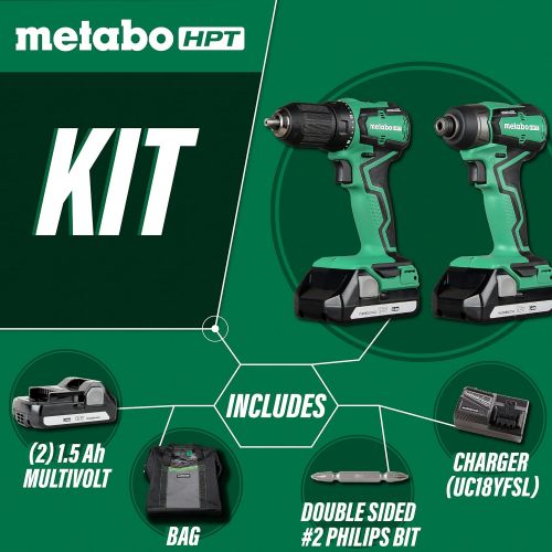  Metabo HPT 18V MultiVolt Cordless Combo Kit Includes Drill and Impact Driver Sub-Compact Brushless Motor Lithium-Ion Batteries Lifetime Tool Warranty KC18DDX