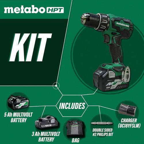  Metabo HPT 18V Cordless Hammer Drill | Includes Two Batteries | 1-36V/18V Multivolt 5.0 Ah & 1-18V Compact 3.0 Ah Battery | 1/2 Keyless Chuck | 620 In/Lbs Turning Torque | DV18DBFL