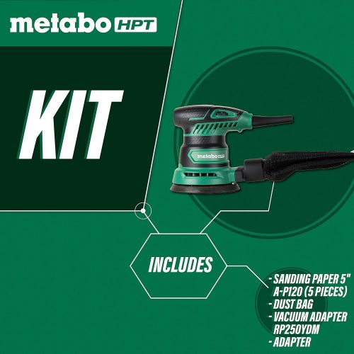  Metabo HPT 5-Inch Random Orbit Sander | Variable Speed | Powerful 230W 2.8 Amp Motor | Soft Elastomer Grip | Includes 5 Pieces of Sanding Paper, Dust Bag, Vacuum Adapter | 5-Year W