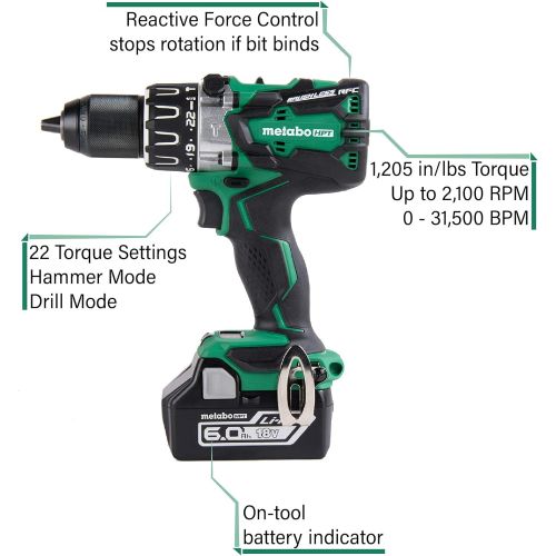  Metabo HPT 18V Cordless Brushless Hammer Drill Kit, include 2-18V 6.0Ah Lithium Ion Slide-Type Batteries, Reactive Force Control, 1,205 In/Lbs of Turning Torque (DV18DBL2)