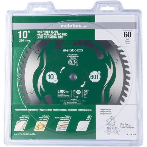  Metabo HPT 10-Inch Miter Saw/Table Saw Blade, 60T, Fine Finish, 5/8 Arbor, Large Micrograin Carbide Teeth, 5800 Max RPM, 115435M