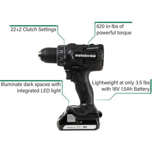  Metabo HPT DS18DBFL2QB 18V Cordless Driver Drill, 1.5 Ah Lithium Ion Battery, LED Light, Brushless, Lifetime Tool Warranty, Black Design