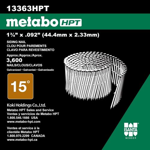  Metabo HPT 1-3/4 Inch Full Round Head Wire Coil Siding Nails| 3,600 Count | 13363HPT