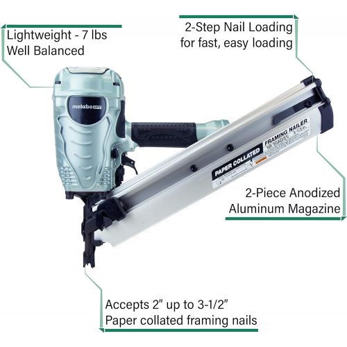  Metabo HPT Framing Nailer, 2-Inch up to 3-1/2-Inch Paper Collated Framing Nails, .113 - .148, 30 Degree Magazine, Pneumatic (NR90ADS1)