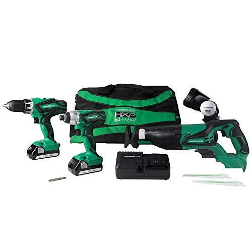  Metabo HPT KC18DG4LS 18V Cordless 4-Tool Combo Kit, Hammer Drill, Impact Driver, Reciprocating Saw, LED Flashlight, and two 18V Lithium Ion Compact 1.5Ah batteries, Lifetime Tool W