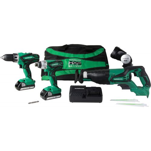  Metabo HPT KC18DG4LS 18V Cordless 4-Tool Combo Kit, Hammer Drill, Impact Driver, Reciprocating Saw, LED Flashlight, and two 18V Lithium Ion Compact 1.5Ah batteries, Lifetime Tool W
