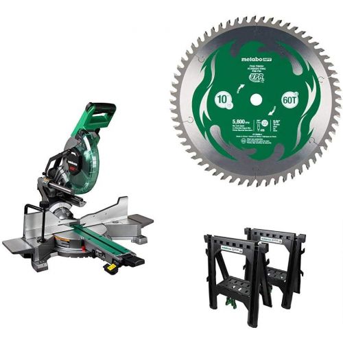  Metabo HPT 10-Inch Sliding Miter Saw with 10-Inch Fine Finish Blade and Sawhorses