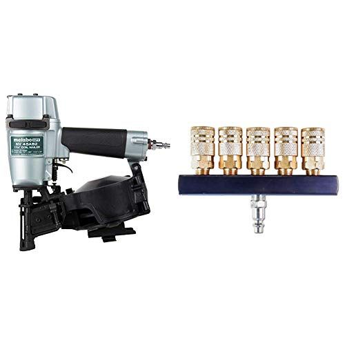  Metabo HPT Roofing Nailer, 16 Degree Magazine (NV45AB2) & Primefit M14025-7 5-Way Air Manifold with 1/4 Industrial 6-Ball Brass Couplers, 1/4