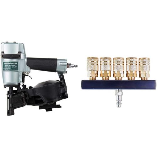  Metabo HPT Roofing Nailer, 16 Degree Magazine (NV45AB2) & Primefit M14025-7 5-Way Air Manifold with 1/4 Industrial 6-Ball Brass Couplers, 1/4