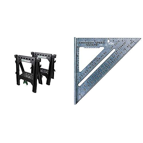  Metabo HPT Folding Sawhorses, Heavy Duty Stand, 4 Sawbucks, 1200 Pound Capacity, Built-In Cord Hooks and Shelves, 2-Pack (115445M) & Swanson Tool Co S0101 7 Inch Speed Square Tile