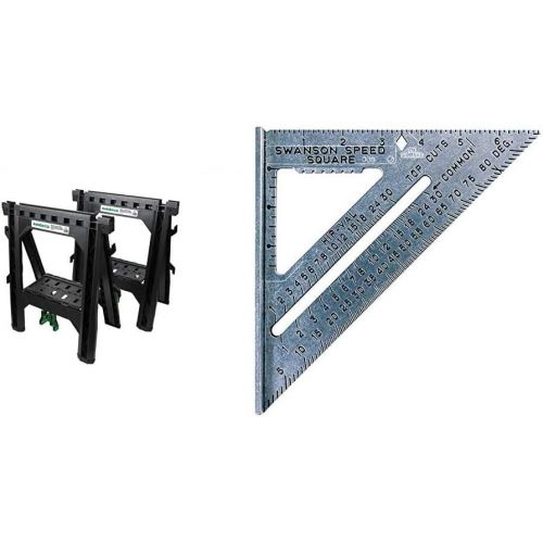  Metabo HPT Folding Sawhorses, Heavy Duty Stand, 4 Sawbucks, 1200 Pound Capacity, Built-In Cord Hooks and Shelves, 2-Pack (115445M) & Swanson Tool Co S0101 7 Inch Speed Square Tile