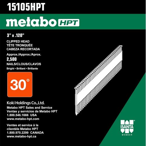  Metabo HPT 3 Inch 30 Degree Clipped Head Paper Collated Nail 2,500 Count 15105HPT