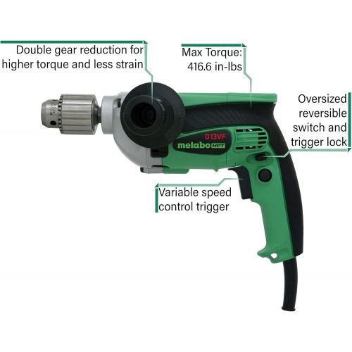  [아마존베스트]Metabo HPT D13VF 1/2 Corded Drill | 9-Amp | 0-850 Rpm | Variable Speed Trigger | Form Fit Palm Grip | Contractor-Grade Cast Aluminum Gear Housing | Belt Hook | 5-Year Warranty