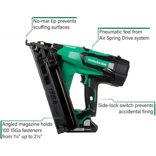  Hitachi NT1865DMA 18V Cordless Angled Finish Nailer, Brushless Motor, 15 Gauge, 1-14 to 2-12 Nails, Compact 3.0 Ah Lithium Ion Battery, Zero Ramp-Up Time, Lifetime Tool Warranty