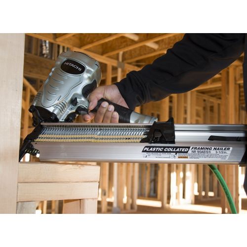  Hitachi NR90AES1 Framing Nailer, 2-Inch to 3-12-Inch Plastic Collated Full Head Nails, 21 Degree Pneumatic, Selective Actuation Switch, 5-Year Warranty