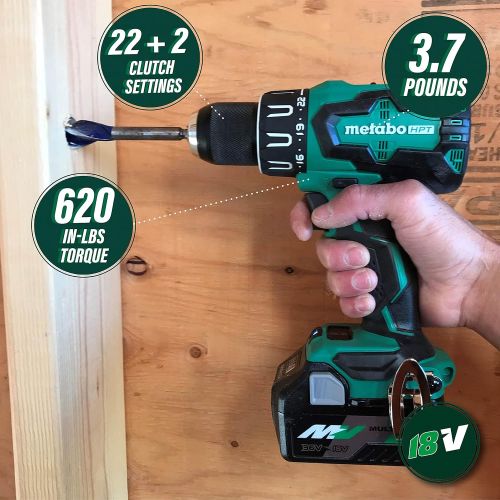  Metabo HPT 18V Cordless Hammer Drill Includes Two Batteries 1-36V/18V Multivolt 5.0 Ah & 1-18V Compact 3.0 Ah Battery 1/2 Keyless Chuck 620 In/Lbs Turning Torque DV18DBFL2T