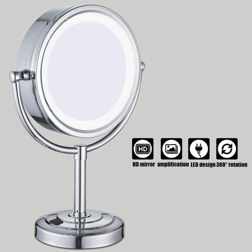  Metcandy Rechargeable Desktop Vanity Mirror Two-Color LED Double-Sided 360° Rotating Magnifying Glass 8 inches,Gold,5X