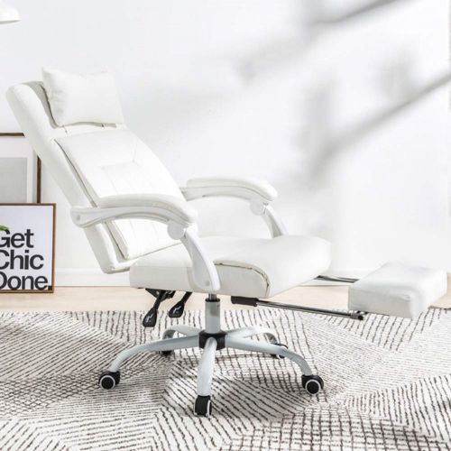  Metcandy Pu Leather Office Chair with Footrest Lifting Tilt Conference Room Rotating Executive Chair,White